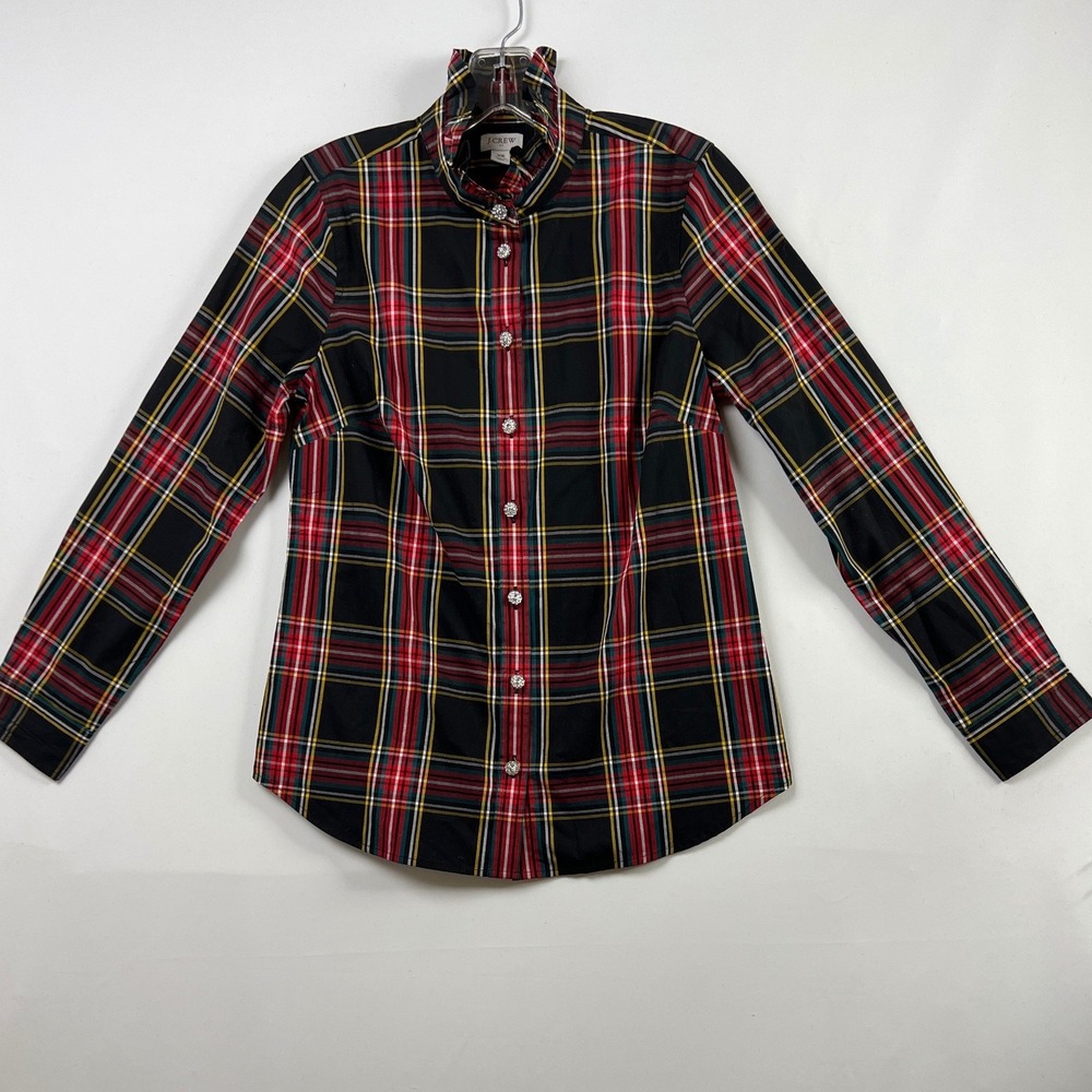 J.Crew Plaid Ruffle Collar Shirt Womens XS Black Tartan Rhinestone Button Top